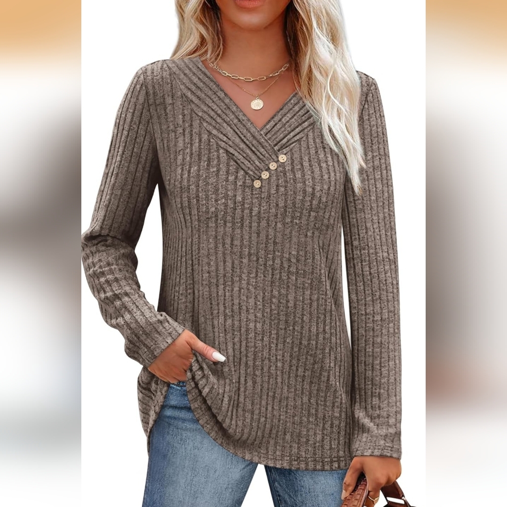 Women's Ribbed Long Sleeve Top with Button Detail - NWT